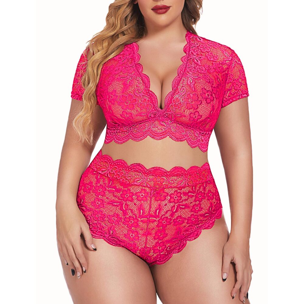 9653 Plus Size Lingerie Plus Floral Lace Scallop Trim Lingerie Set Deep V